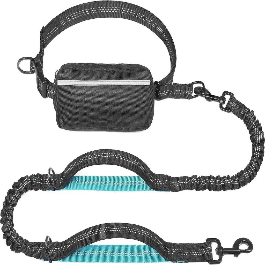 Walk Free Hands-Free Dog Leash with Zipper Pouch, black waist belt with teal underside