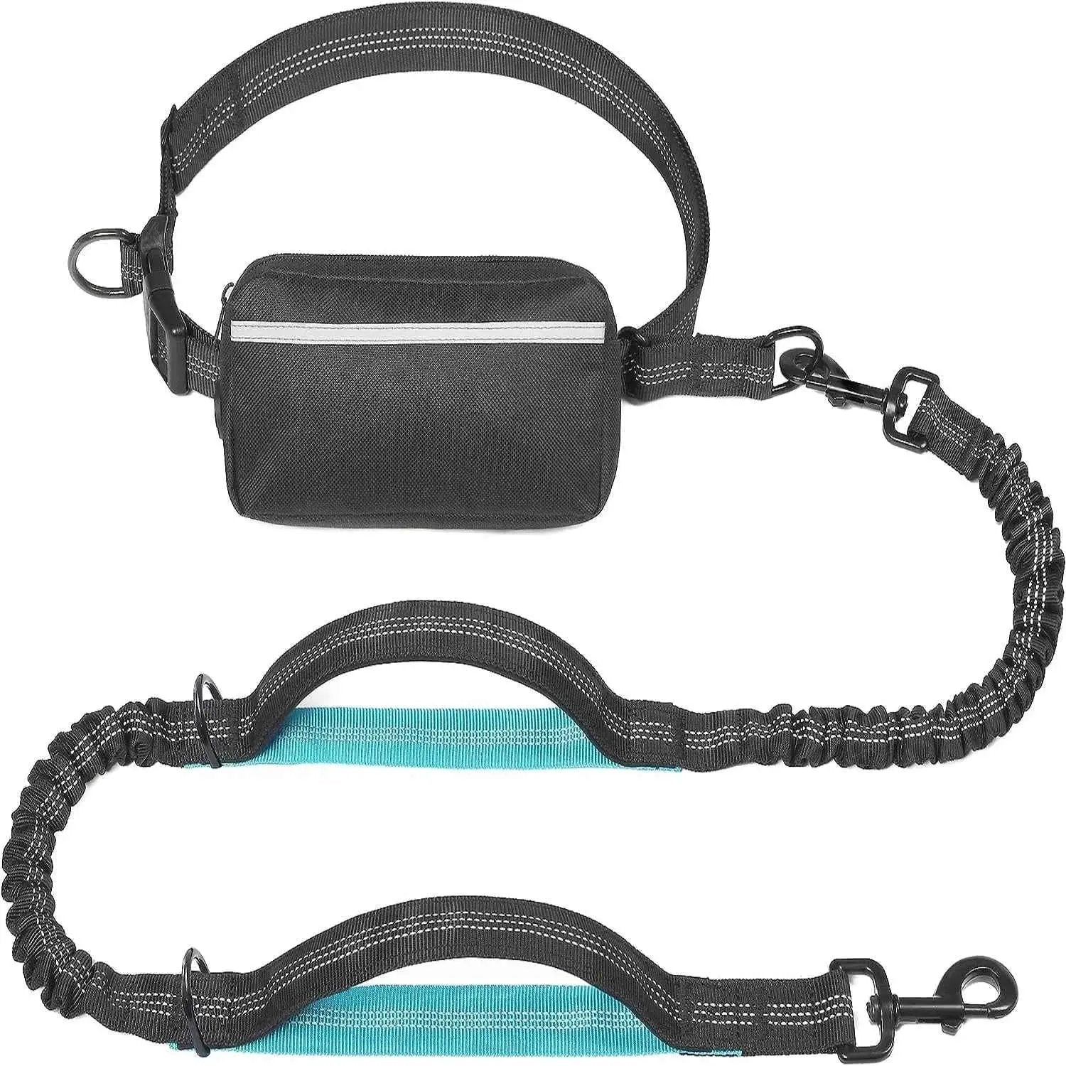 Walk Free Hands-Free Dog Leash with Zipper Pouch, black waist belt with teal underside