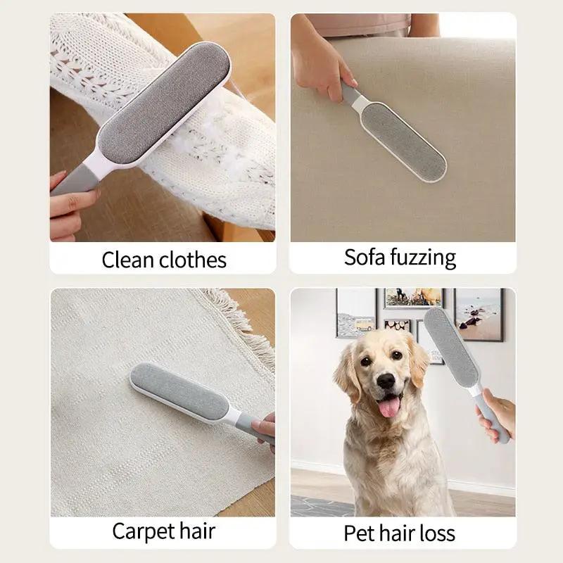 Stevvex Pet Hair Remover Brush with self-cleaning base; grey double-sided lint brush for clothes, sofa, carpet, and pet fur.