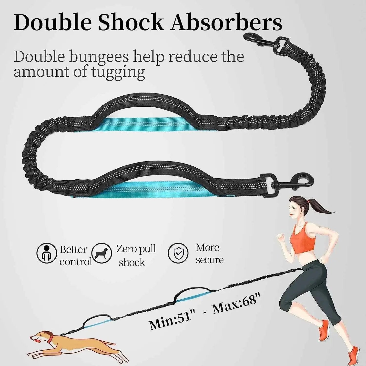 Walk Free hands-free dog leash with zipper pouch; two black bungee leashes with blue accents, Dabfavshop