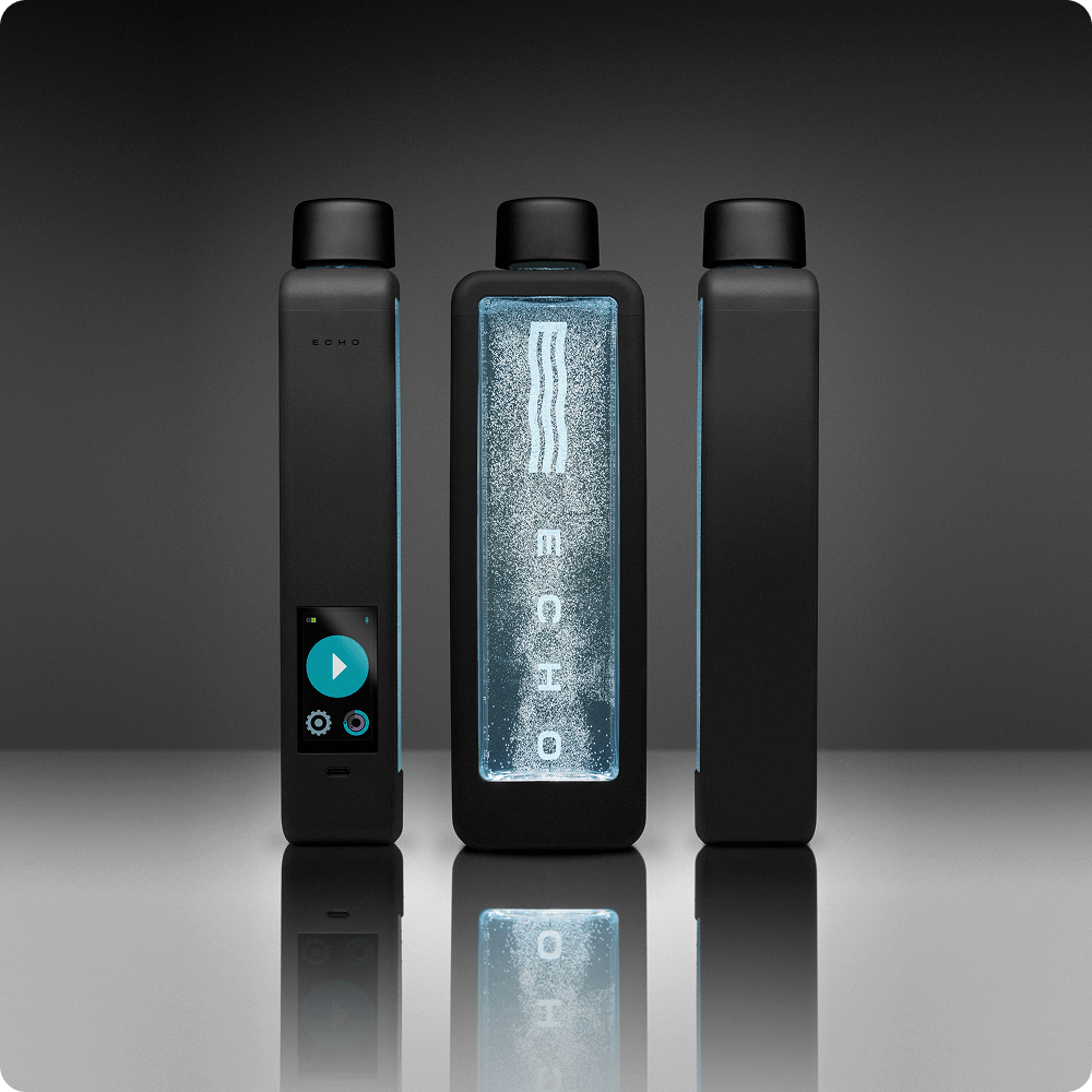 ECHO Flask Hydrogen Bottle, black with blue accents; set of three Echo Water hydrogen water bottles.