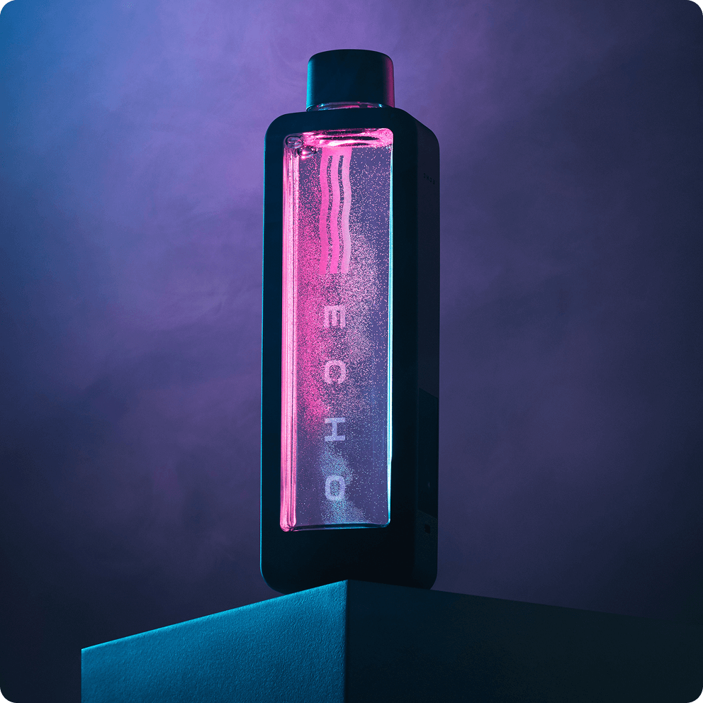 ECHO Flask Hydrogen Water Bottle by Echo Water; black bottle with pink glow.