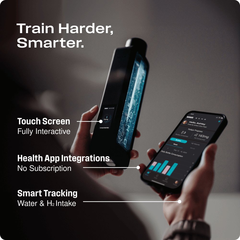 Echo Water ECHO Flask hydrogen bottle, black, with touch screen and smartphone app visible.