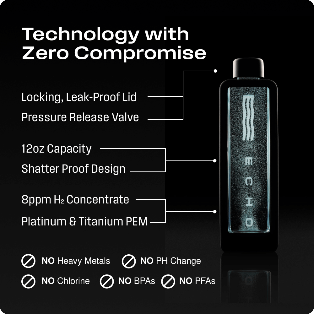 ECHO Flask Hydrogen Water Bottle by Echo Water; black bottle with blue panel, 12oz, PEM tech, no BPA or PFAs.