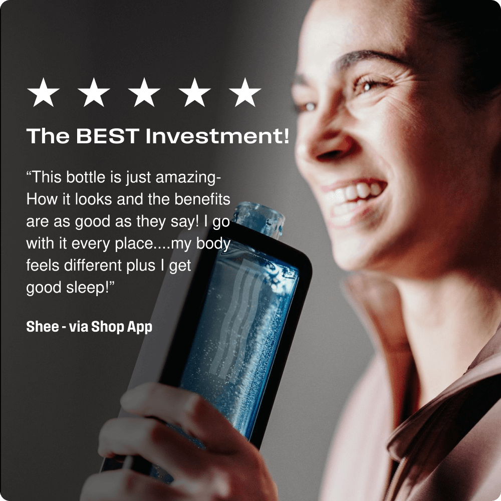 ECHO Flask Hydrogen Water Bottle by Echo Water; blue-tinted bottle held by a smiling person.