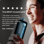 ECHO Flask Hydrogen Water Bottle by Echo Water; blue-tinted bottle held by a smiling person.