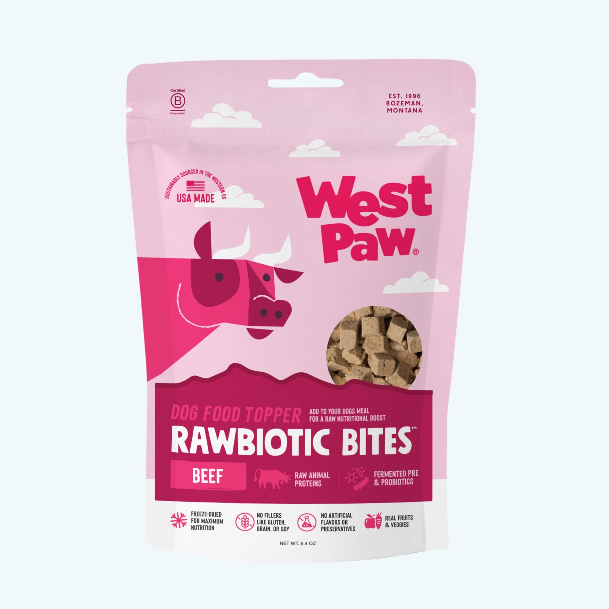 West Paw beef Rawbiotic Bites dog food topper.
