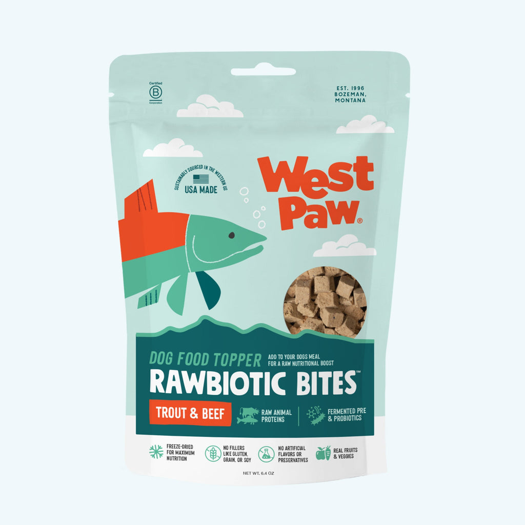 West Paw trout and beef Rawbiotic Bites dog food topper.