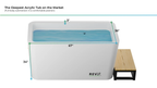 RevX Wellness acrylic cold plunge tub in white with water, front logo, and wooden deck.