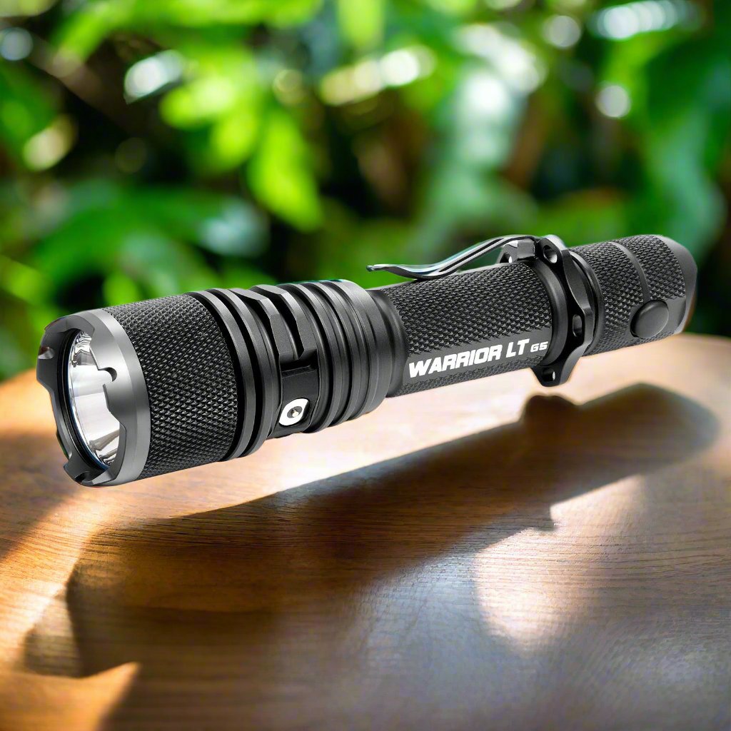 Powertac Warrior GEN5 LT rechargeable tactical long-throw flashlight.