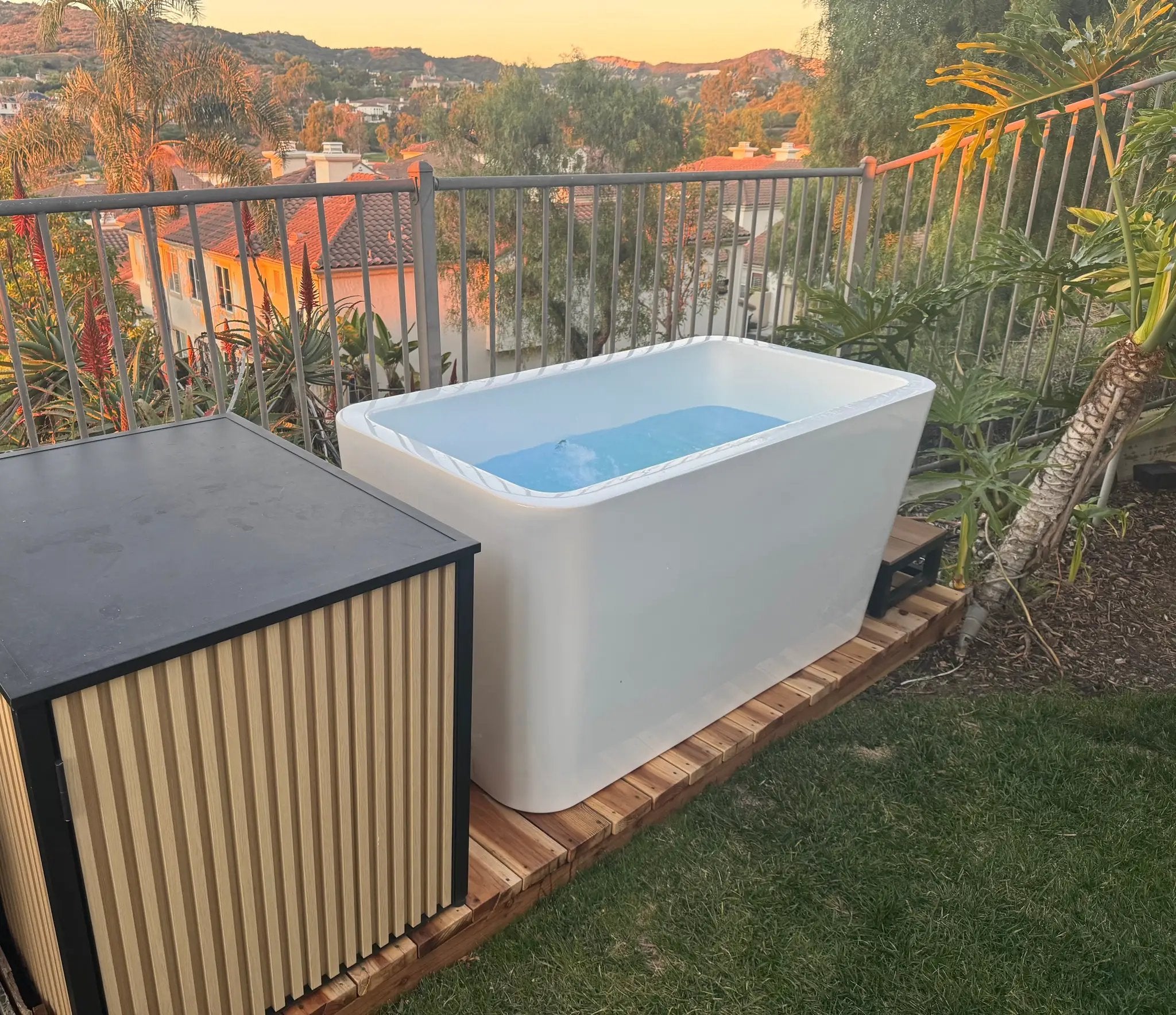 RevX Wellness Acrylic X Tub Cold Plunge on an outdoor wooden deck beside a railing with tropical plants
