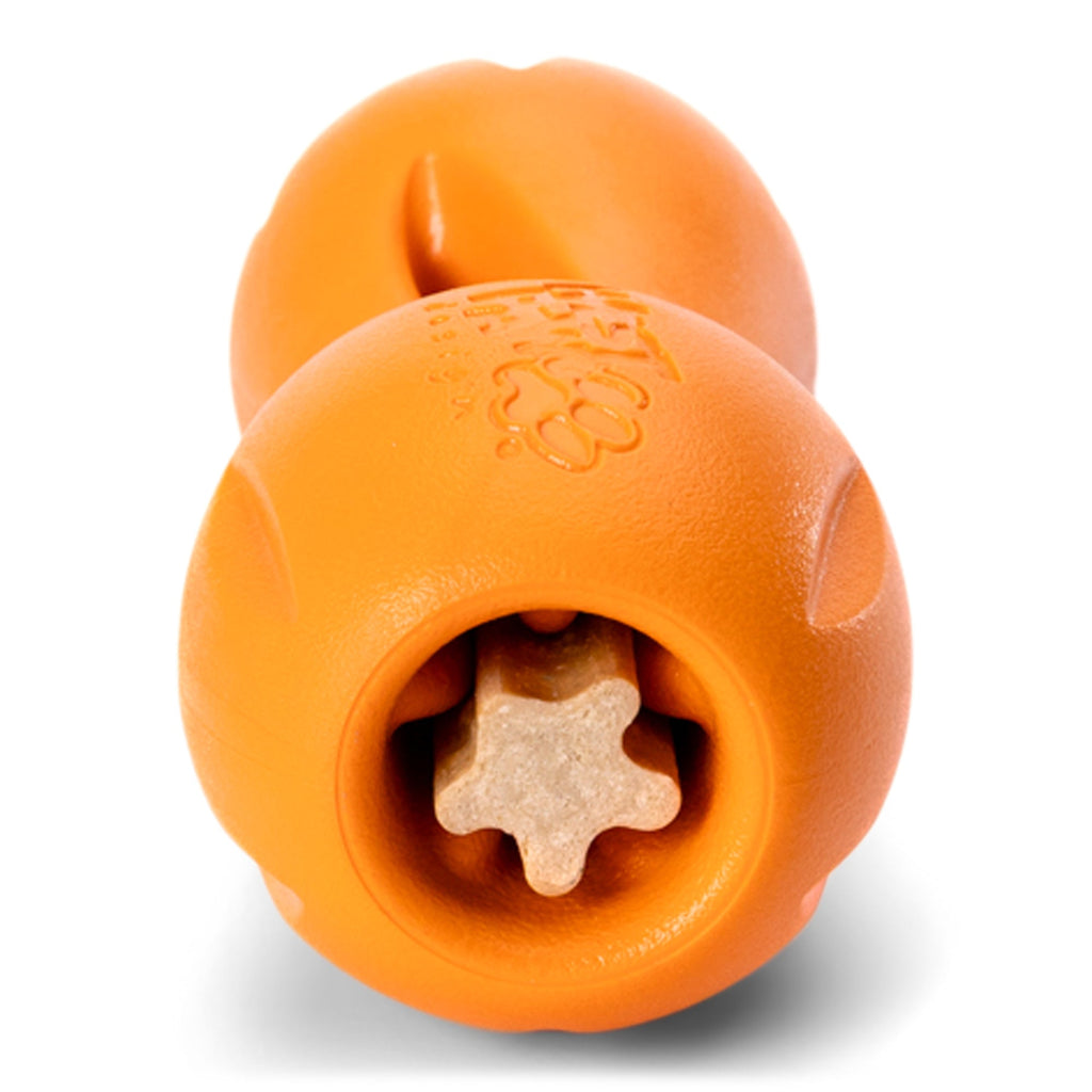 Tangerine Large Qwizl treat toy holding a natural dental stick.
