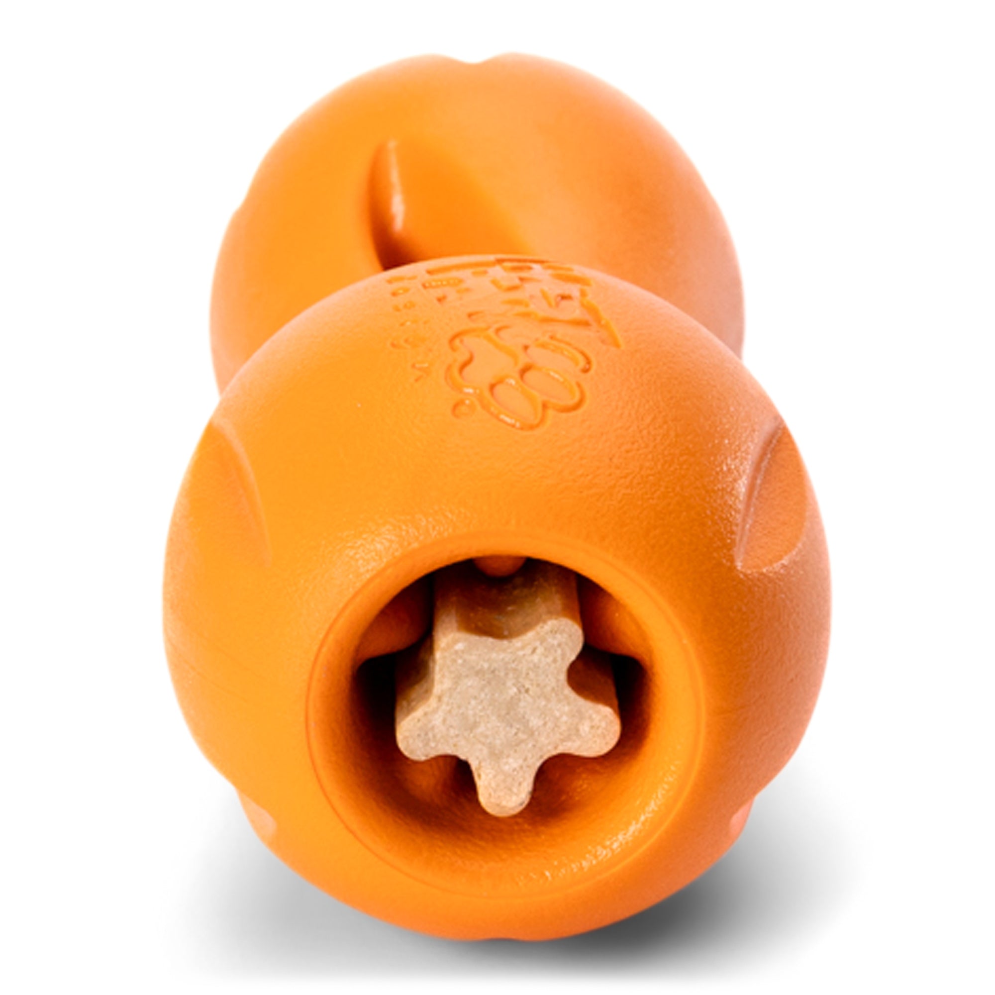 Tangerine Large Qwizl treat toy holding a natural dental stick.