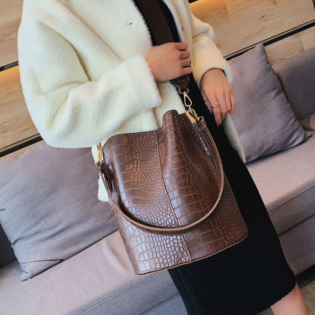 Blake Chocolate Croc Vegan Leather Shoulder Bag With Interchangeable Straps by STATESIDE NOVA