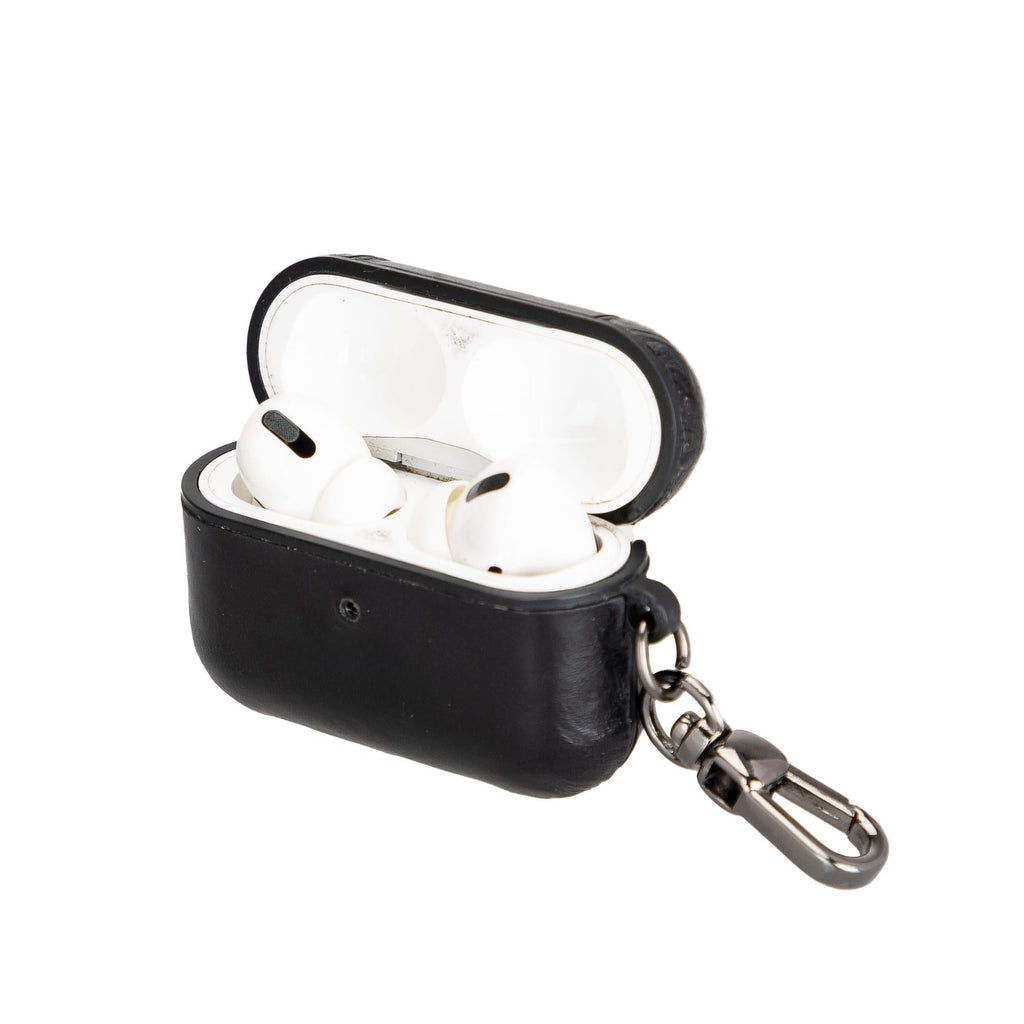 Black full-grain leather case for AirPods Pro.
