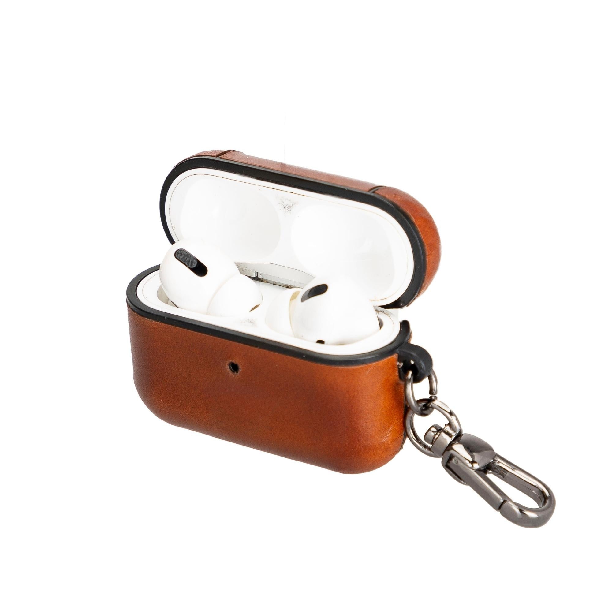 Tan full-grain leather case for AirPods Pro.