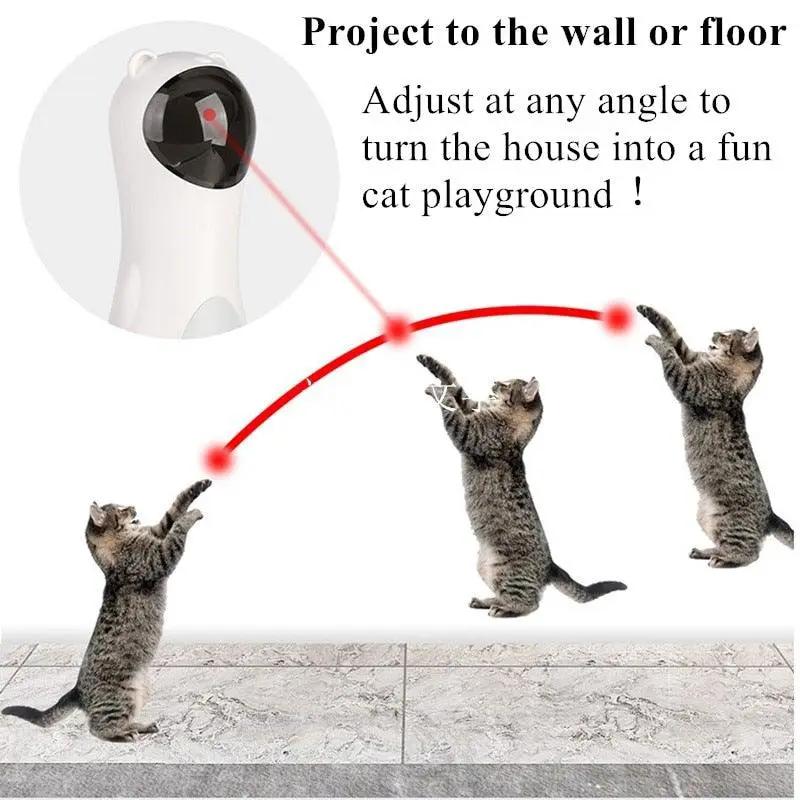 Automatic cat teaser laser toy Stevvex ST80PTSD344, white handheld device projecting red laser toward cats