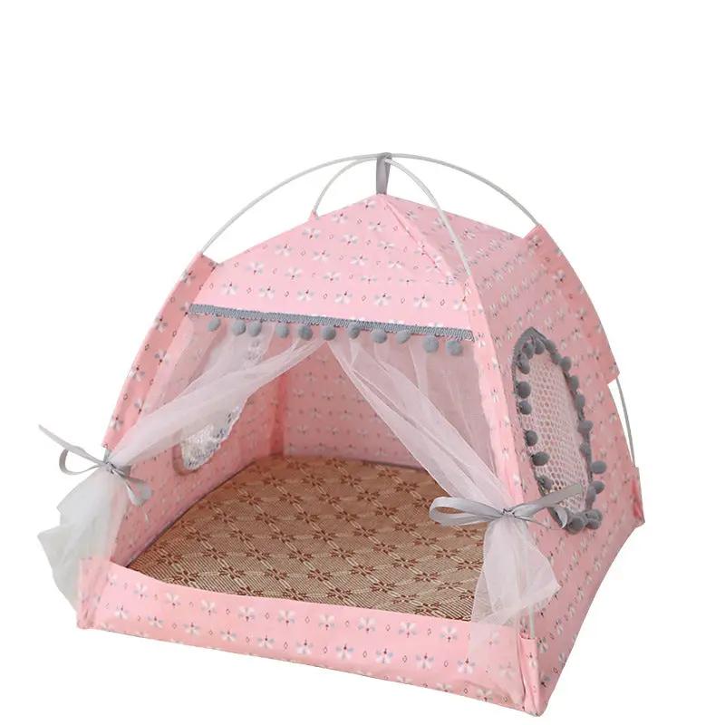 Comfy Calming Pet Tent Bed for Small Dogs and Cats, pink floral fabric with sheer curtains, by Furr Baby Gifts