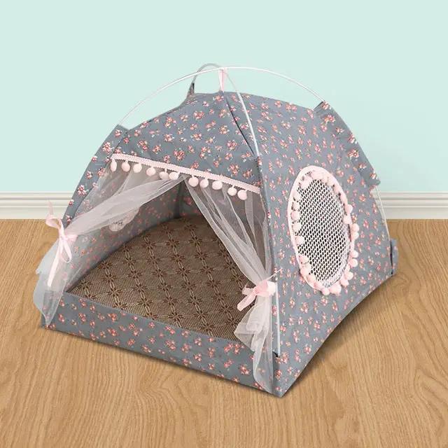 Comfy Calming Pet Tent Bed by Furr Baby Gifts for cats and small dogs, gray floral fabric with pink pompom trim