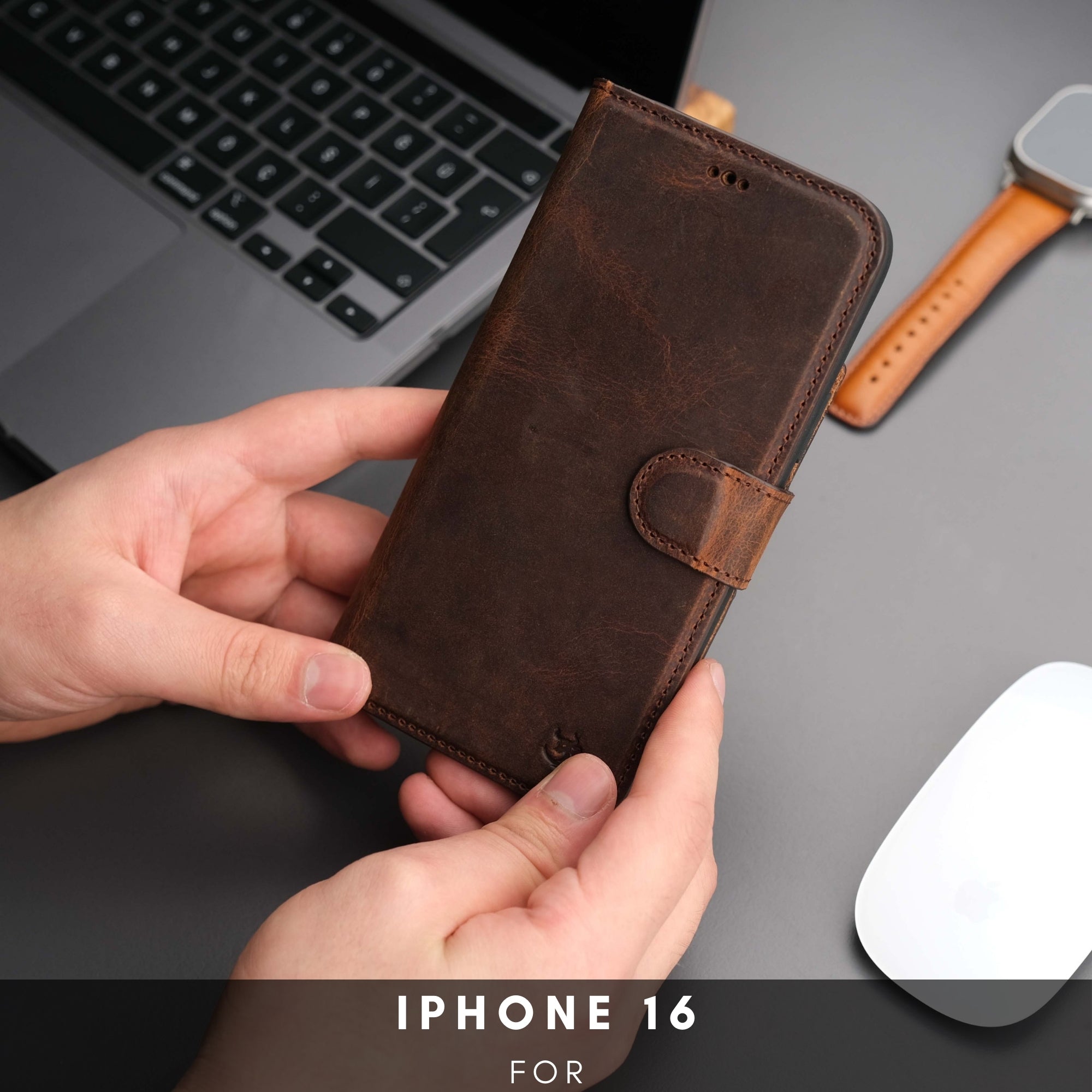 Antic brown Casper leather wallet case for iPhone 16.