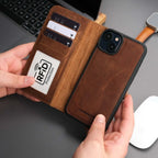 Antic brown Casper leather wallet case for iPhone 16 Plus.
