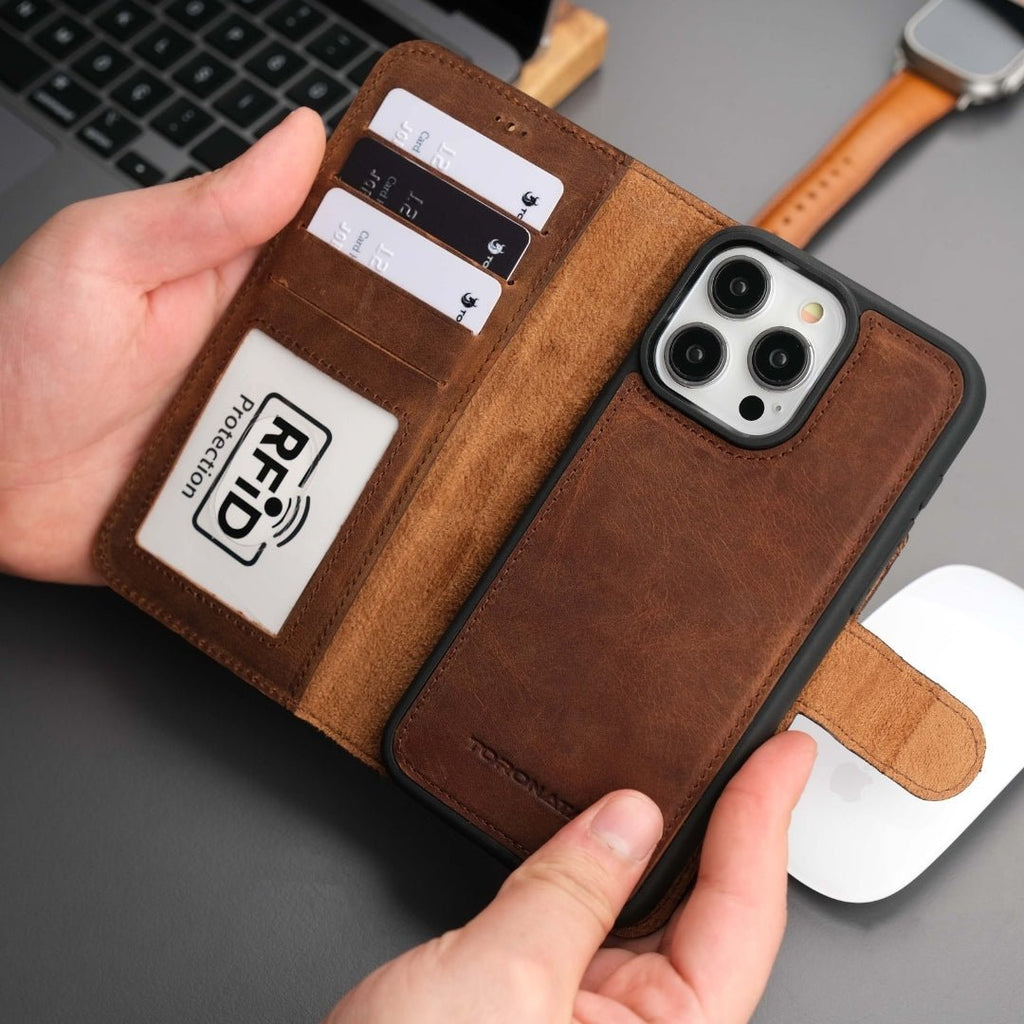 Antic brown Casper leather wallet case for iPhone 16 Pro Max.