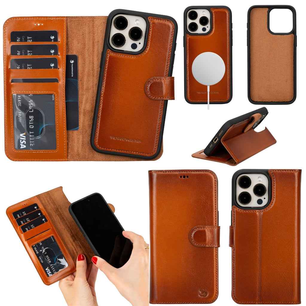 Tan TORONATA Casper leather MagSafe wallet case for iPhone 15 Pro.
