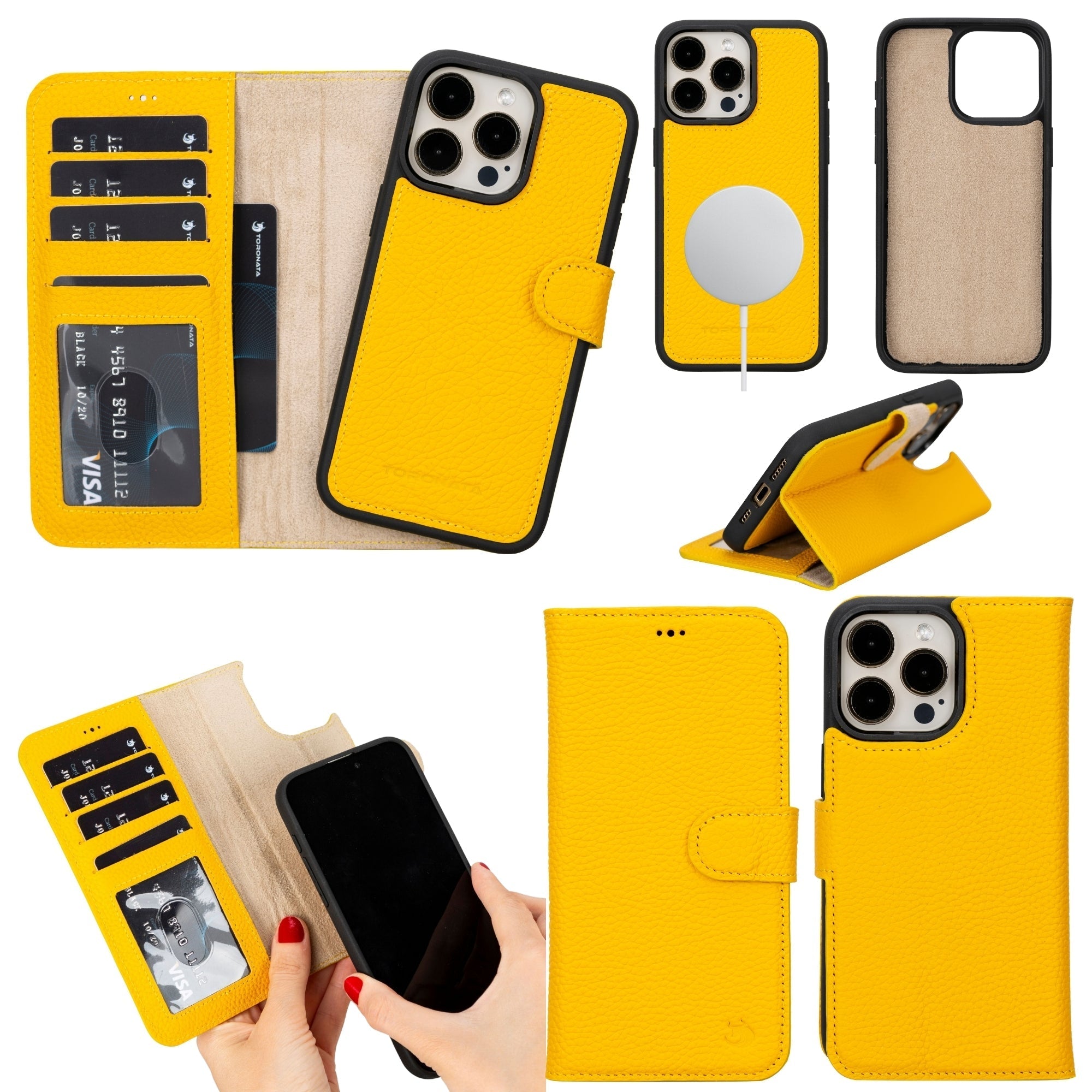 Yellow Casper leather wallet case for iPhone 15 Pro.