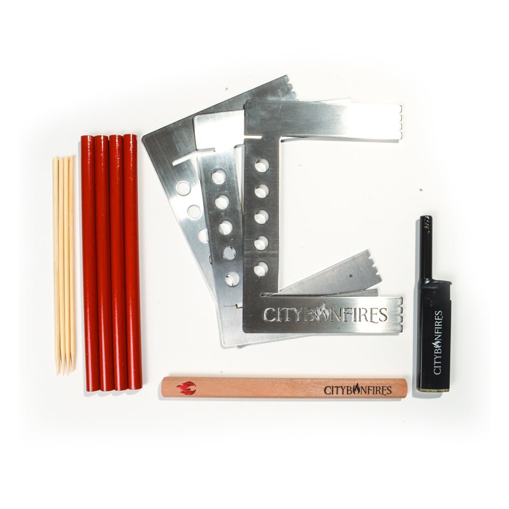City Bonfires camping and cooking accessory pack with camp stove and skewers.