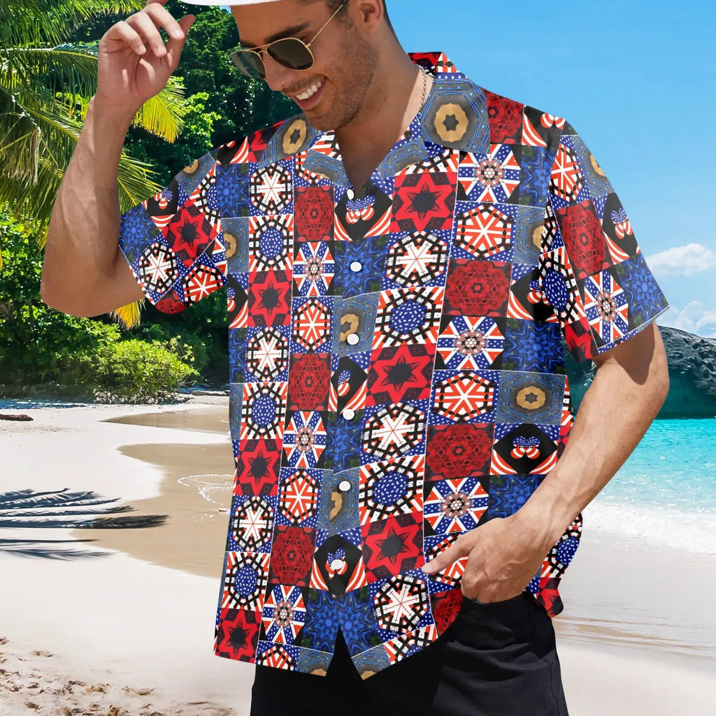 Fourth of July Pattern Mens All Over Print Hawaiian Shirt Patriotic USA Beachwear for Summer by Shell Design Boutique