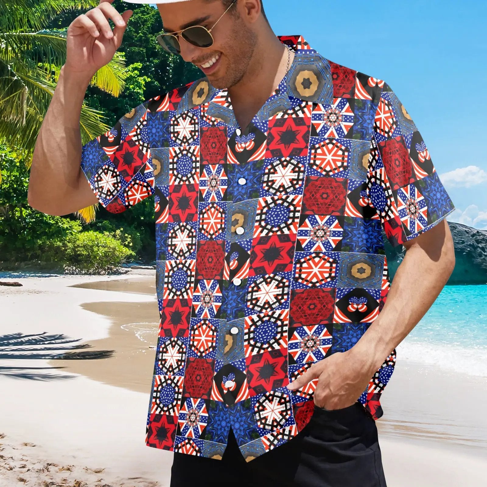 Fourth of July Pattern Mens All Over Print Hawaiian Shirt Patriotic USA Beachwear for Summer by Shell Design Boutique