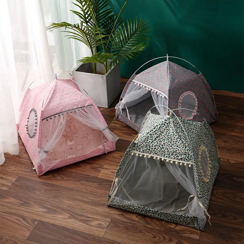 Comfy Calming Pet Tent Bed set: 3 tents for cats and small dogs in pink, blue floral, leopard prints with mesh doors.