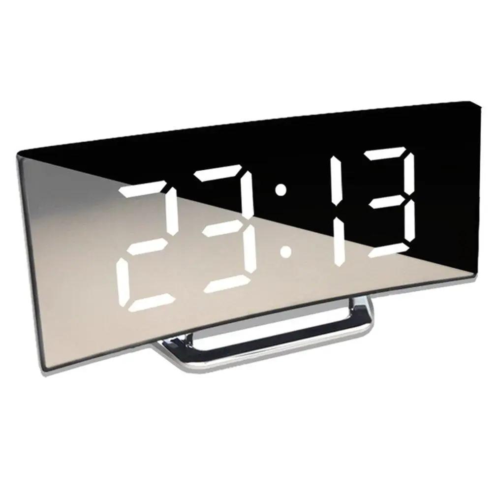 Stevvex digital alarm clock with large mirror LED display, curved surface, desk clock
