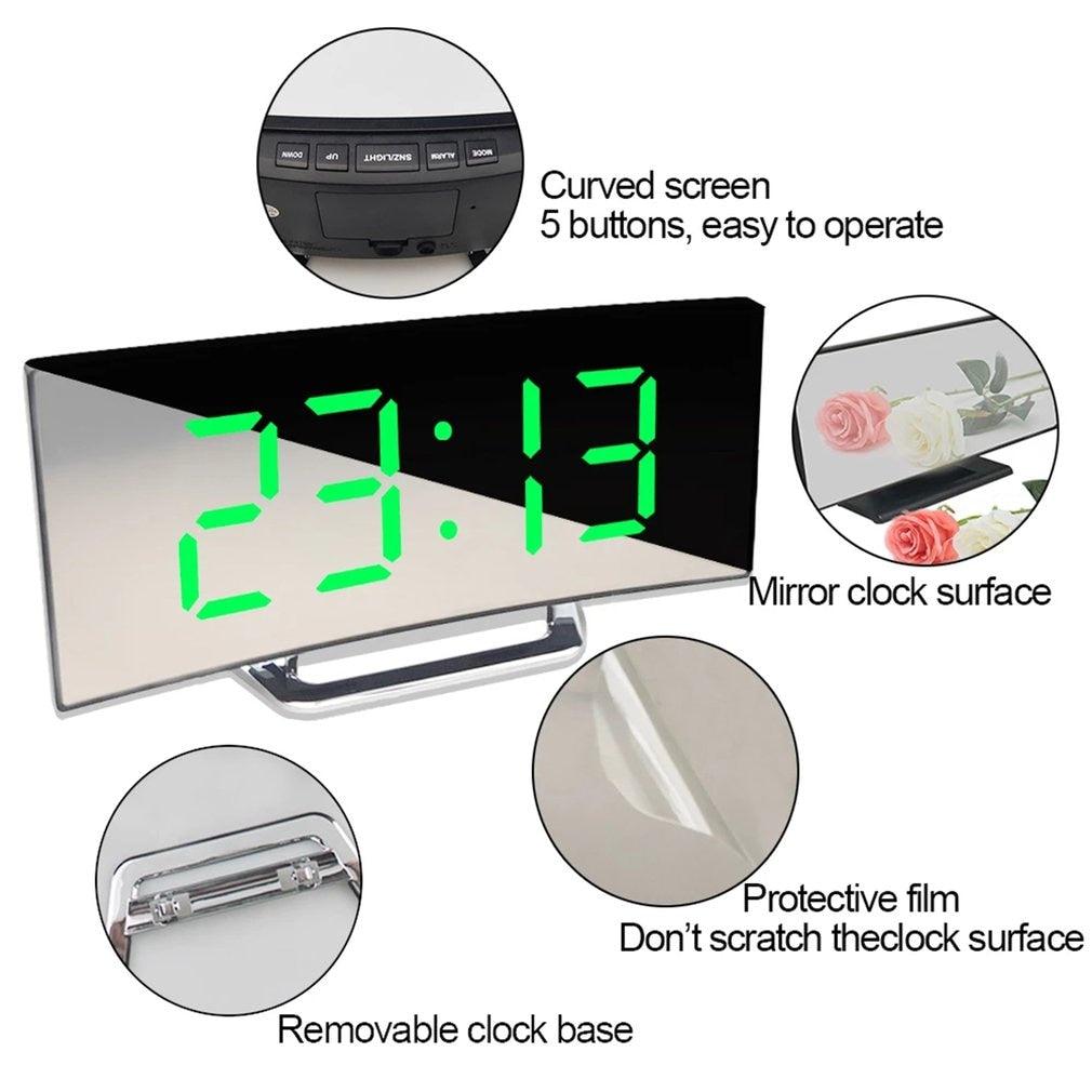 Stevvex digital alarm clock with mirror surface, curved LED display, large green digits, dual USB