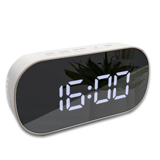 Digital alarm clock with large LED display on a curved mirror surface, white desktop clock