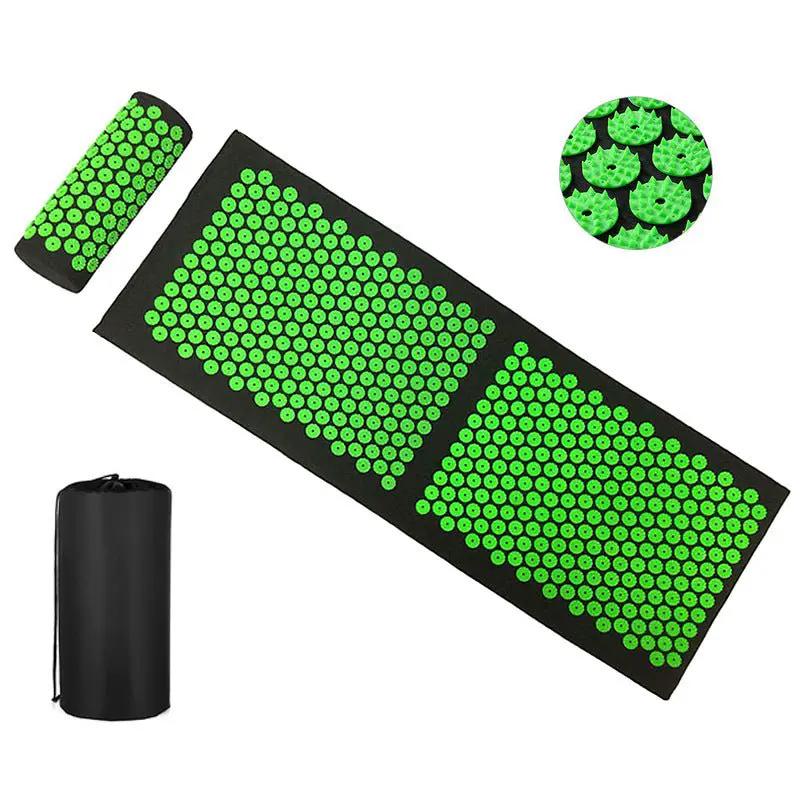 Drip Sweat Lotus Wellness Acupressure Mat with Pillow, black mat with bright green acupressure studs