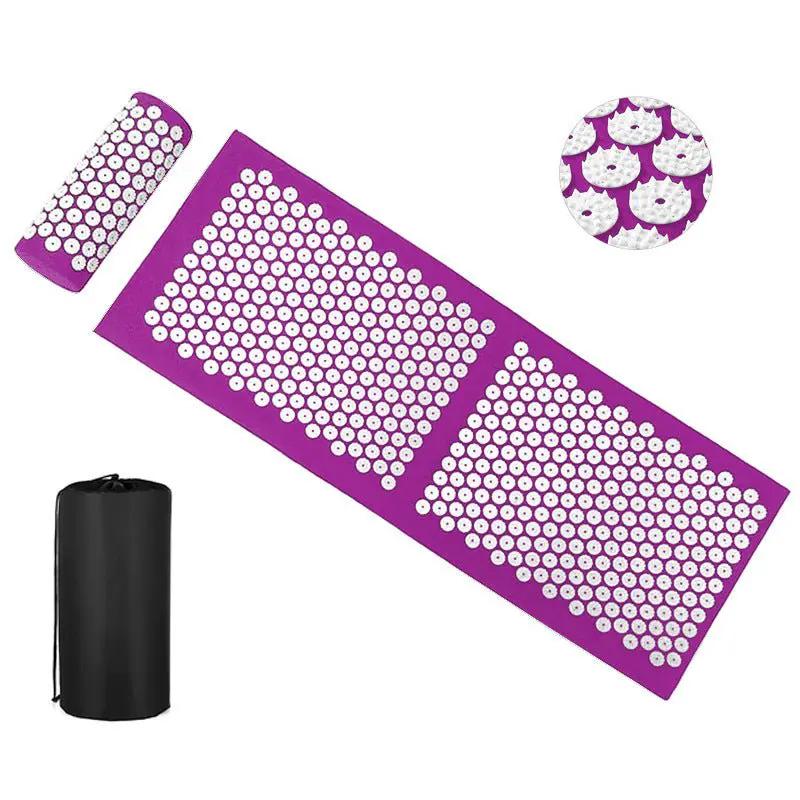 Drip Sweat Lotus Wellness Acupressure Mat with Pillow, purple with white pressure discs; includes carry bag.