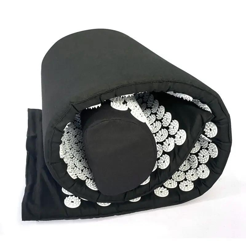 Drip Sweat Lotus Wellness Acupressure Mat with Pillow, black fabric with white round discs