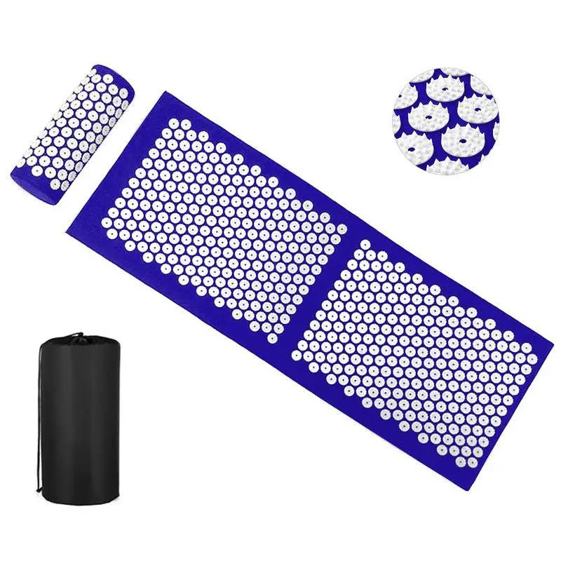 Drip Sweat Lotus Wellness Acupressure Mat with Pillow by Cavitation Machines, blue mat with white discs and carry bag