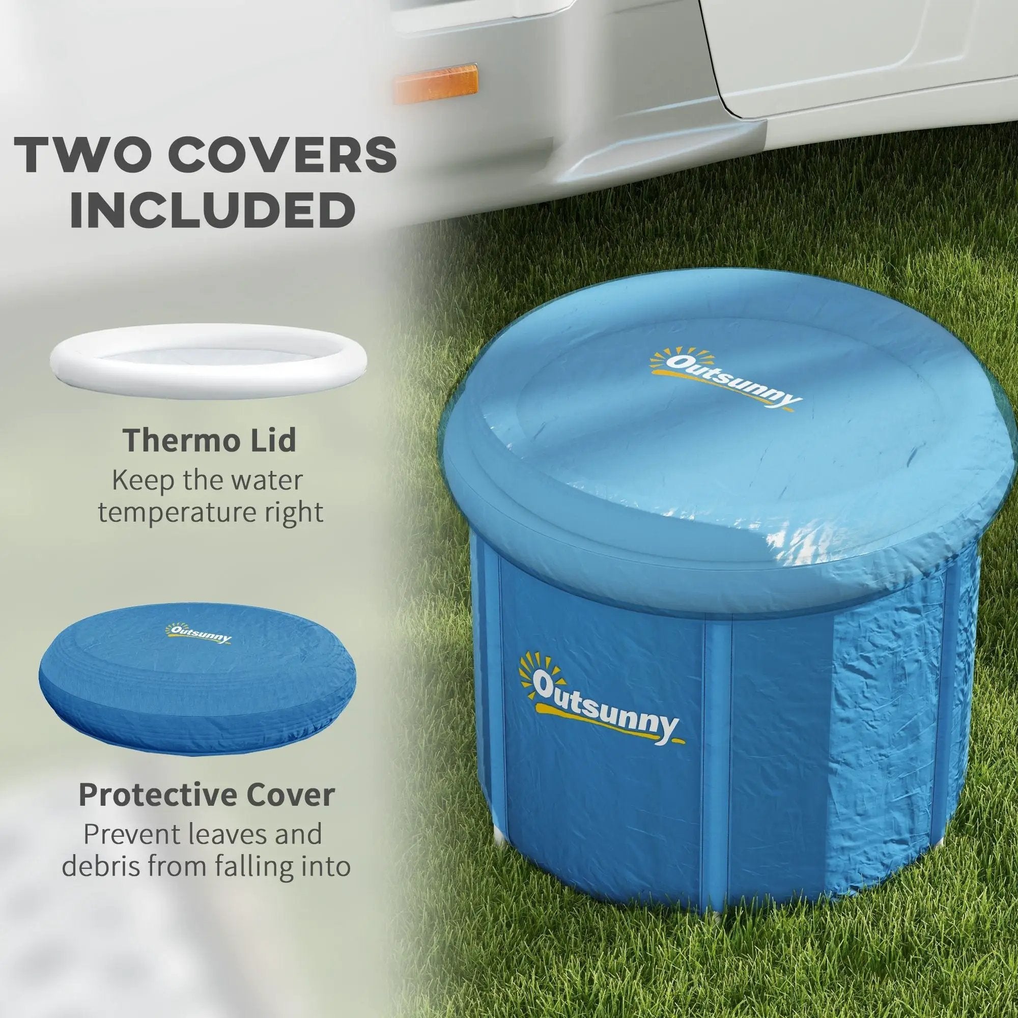 Dark blue portable cold plunge tub with thermo lid for athletes; two covers included, Outsunny.