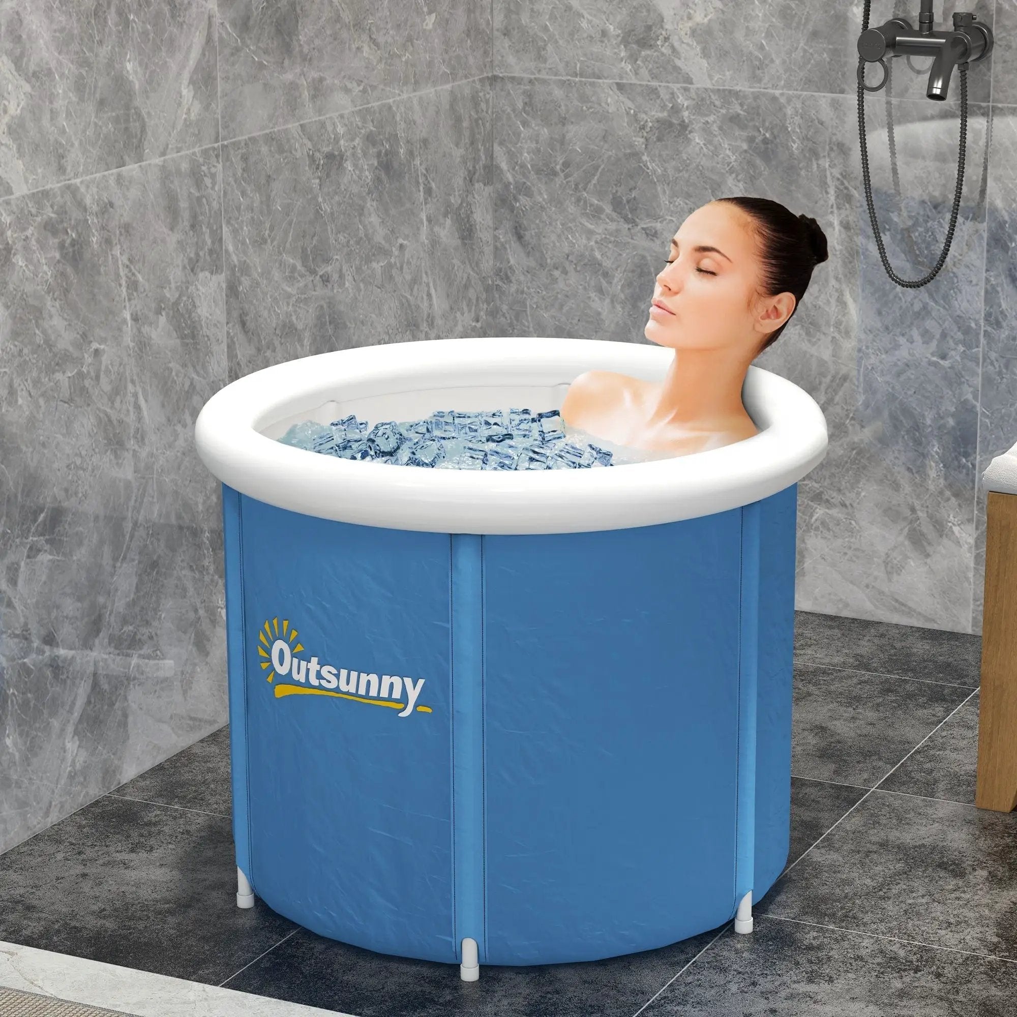 Cold plunge tub, portable ice bath with thermo lid in dark blue, Outsunny, for athletic recovery.