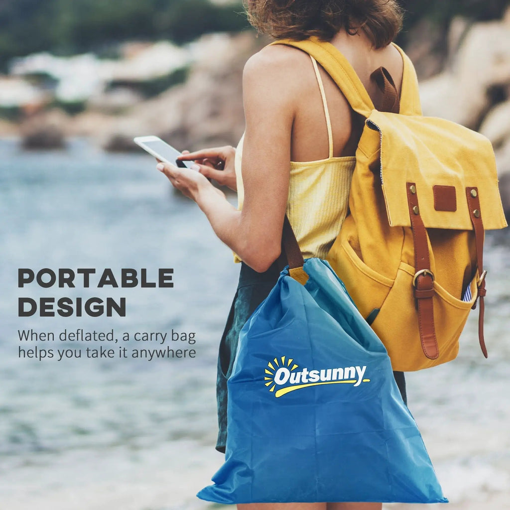 Cold Plunge Tub portable ice bath in dark blue; outdoor scene with a yellow backpack and Outsunny bag