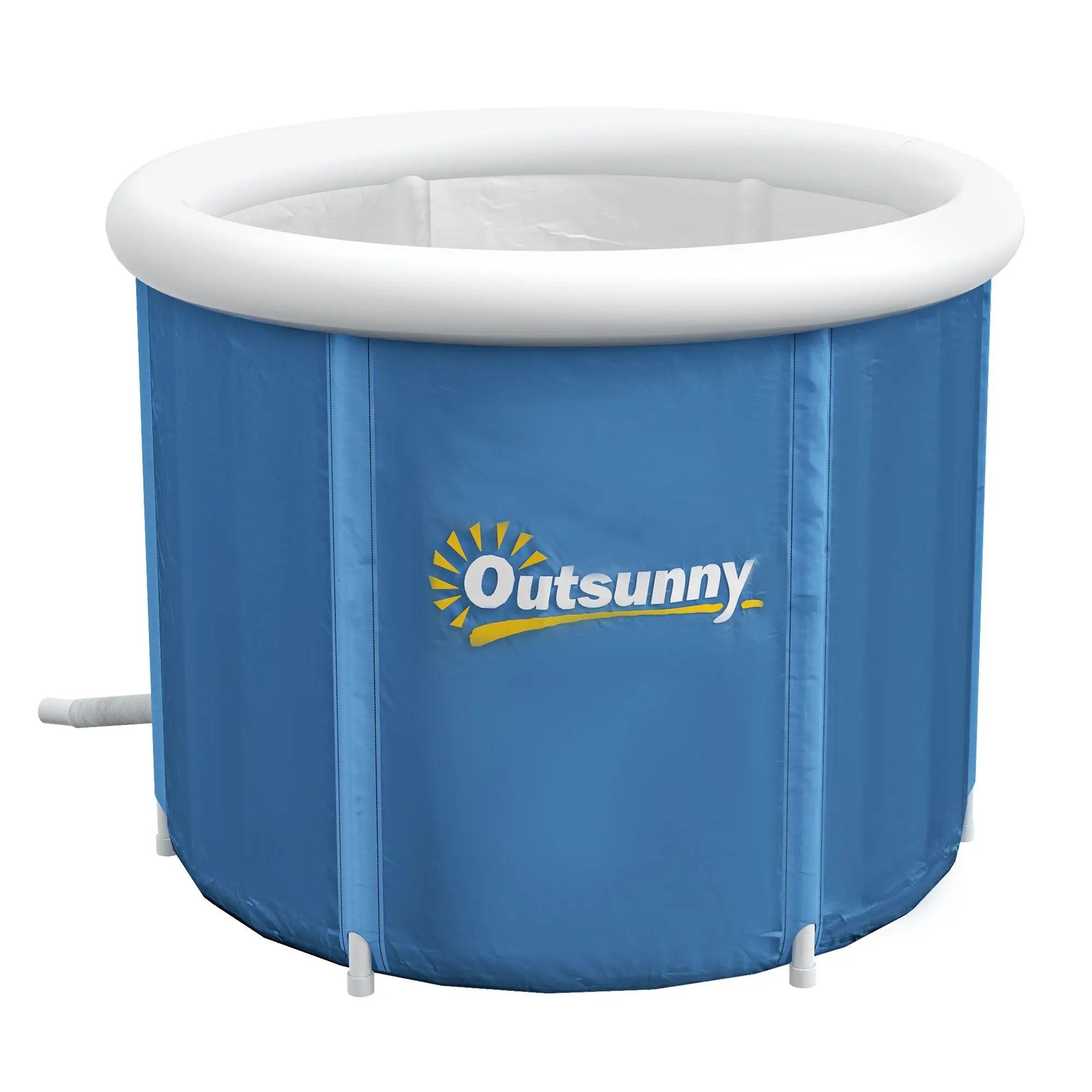 Cold plunge tub Outsunny, dark-blue portable ice bath with white rim and thermo lid for athlete recovery.