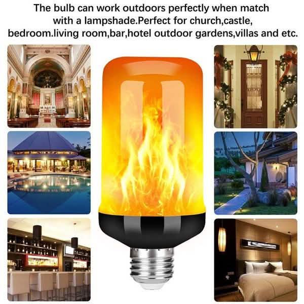 DailySale E27 LED Flame Effect Light Bulb with amber flame glow; indoor lighting, 7-image collage.