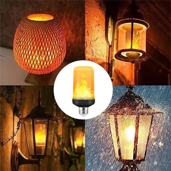 E27 LED Flame Effect Light Bulb by DailySale for indoor lighting; warm amber flame glow shown on 4 decorative fixtures
