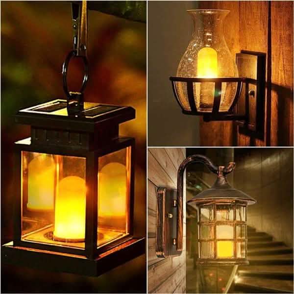 E27 LED Flame Effect Light Bulb; four lantern-style indoor fixtures with warm amber glow, hanging and wall-mounted.