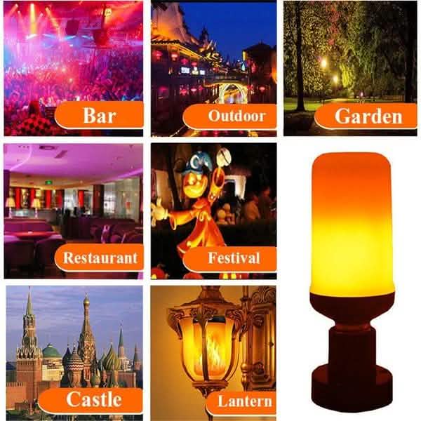 DailySale E27 LED Flame Effect Light Bulb; collage of Bar, Outdoor, Garden, Castle scenes with amber lantern glow