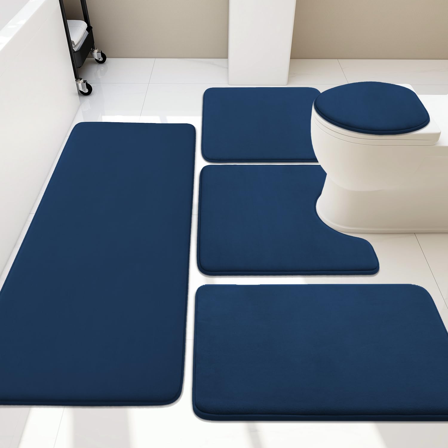 YIHOUSE 5-piece memory foam bathroom rug set in dark blue by Stateside Nova; non-slip, washable bath mats around toilet.