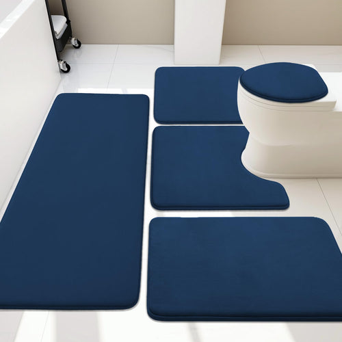 YIHOUSE 5-piece memory foam bathroom rug set in dark blue by Stateside Nova; non-slip, washable bath mats around toilet.