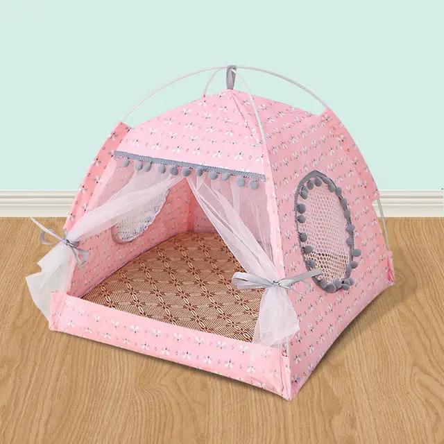 Pet bed tent in pink for small dogs and cats with net window and tulle curtains by Furr Baby Gifts